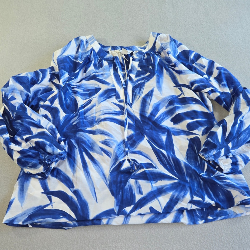 Tommy Bahama Blouse Womens Large Blue White Silk Cotton Tropical Palm Tie Neck